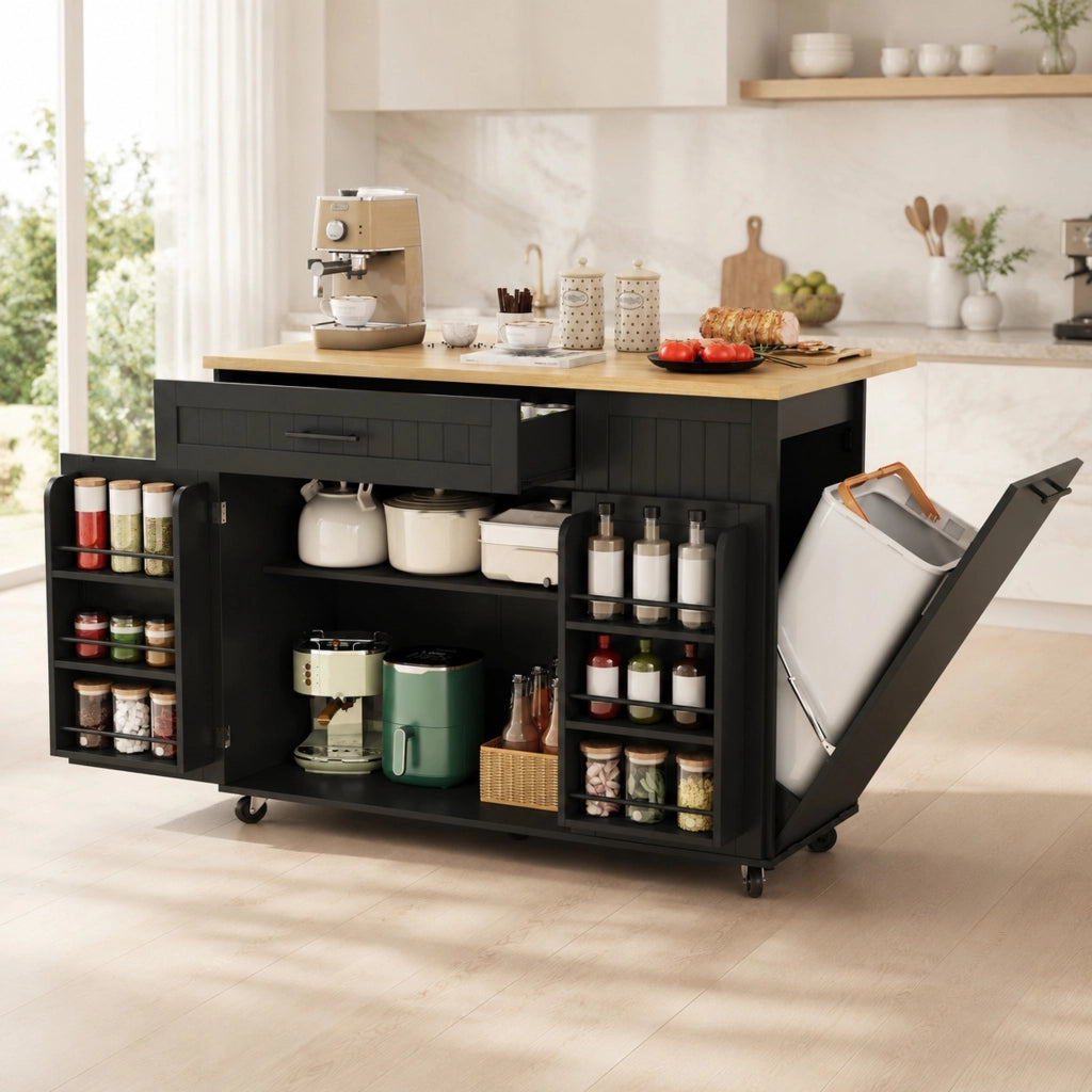 Carrello da cucina con piano ribaltabile, mobile contenitore e vano per pattumiera, MDF nero, 130 × 70 × 93 cm