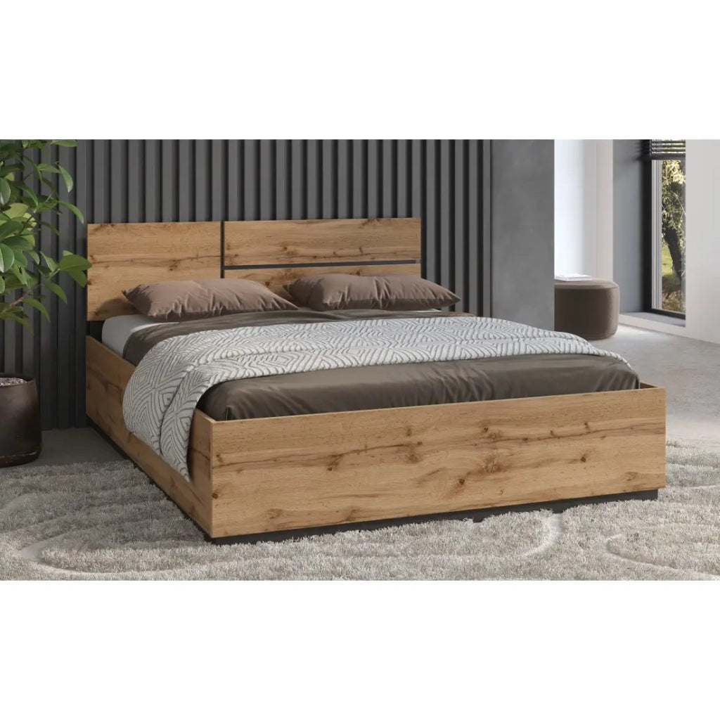 Letto HAVANA 180x200 cm quercia e nero – Grande letto moderno per camera naturale