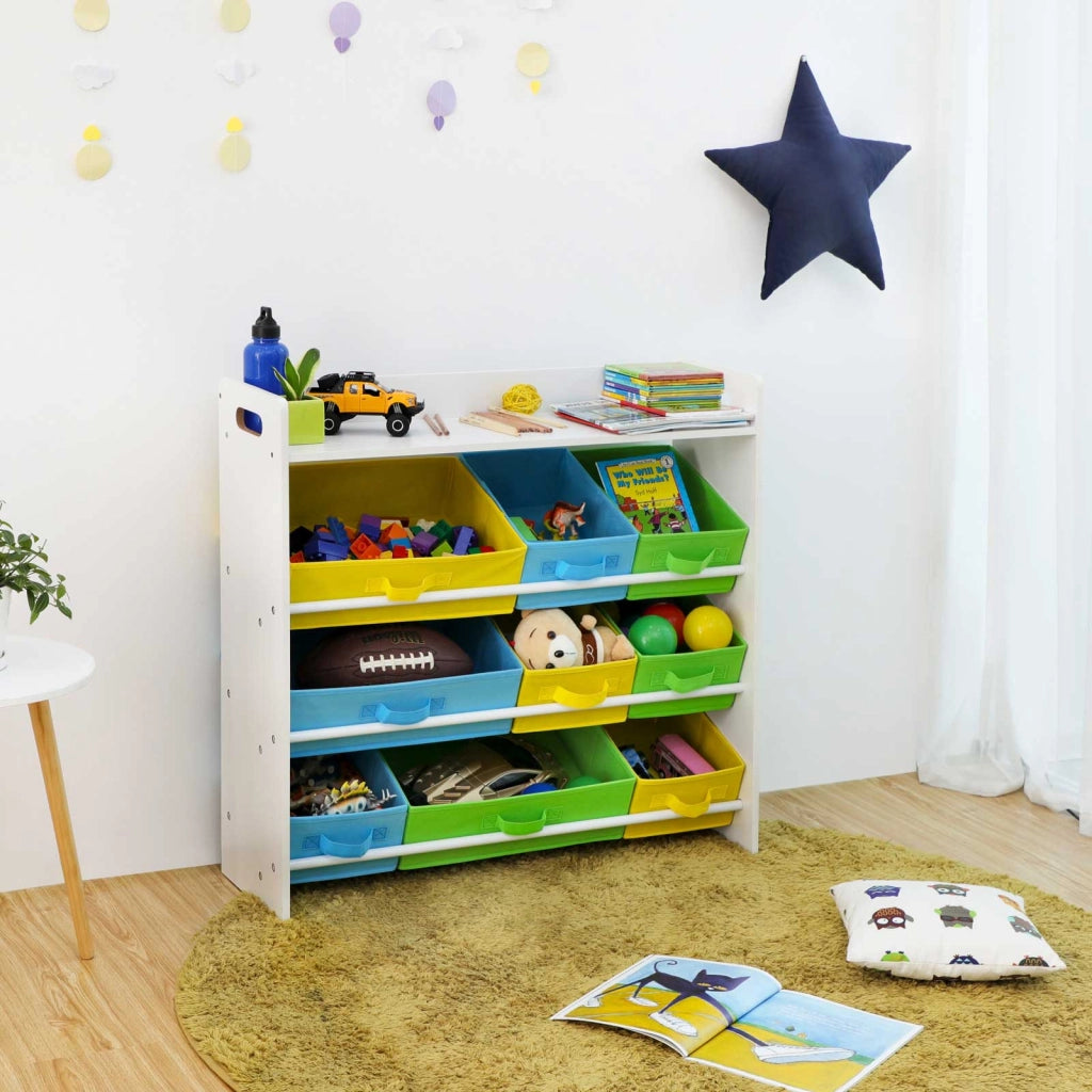 Scaffale portagiochi per bambini con 9 cestini rimovibili in tessuto non tessuto multicolore organizer per sala giochi struttura in MDF bianco 12_0002282