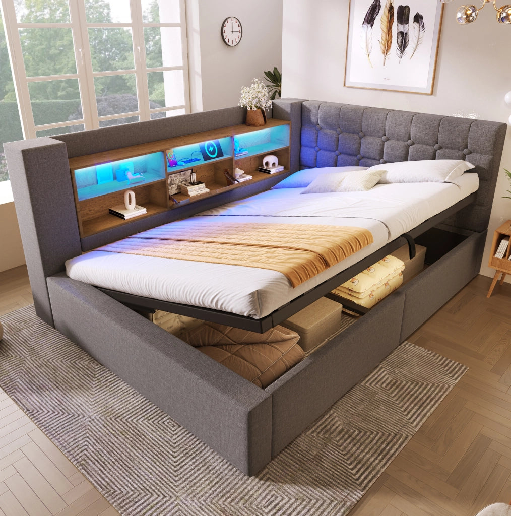 Letto imbottito 140x200 cm con LED, vano contenitore e testiera L