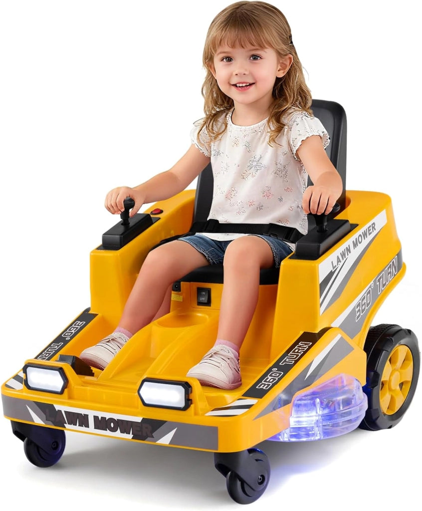 12V Macchina Elettrica per Bambini, Auto Elettrica con 2 Leve di Controllo, Luci LED, Simulazione di Taglio dell'Erba e Sterzate a 360°, Tosaerba Giocattolo per Bambini 3-8 Anni (Verde)