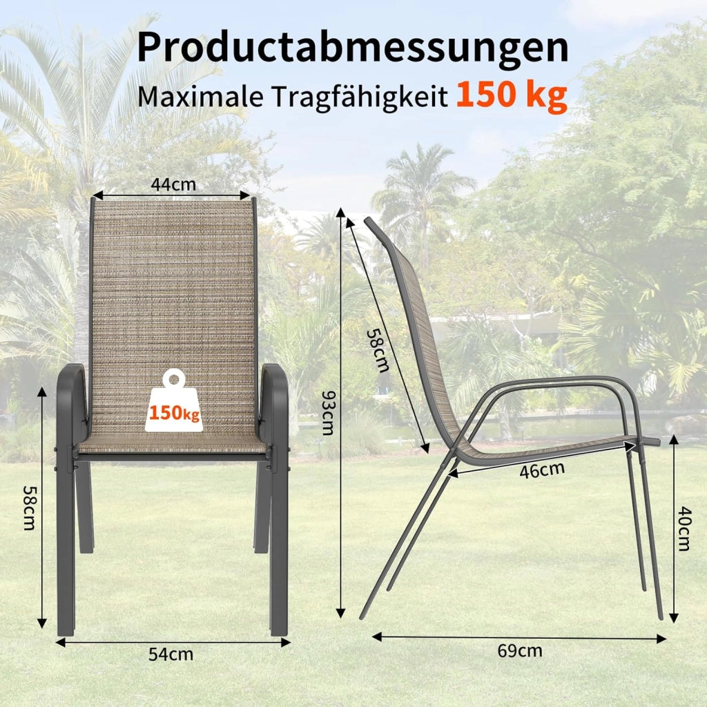 Sedia da giardino impilabile, da campeggio, impilabile, con schienale alto, in acciaio textilene, per giardini, cortili balconi ristoranti 150 kg portata: 54 x 69 x 93 cm 6pcs Lino marrone