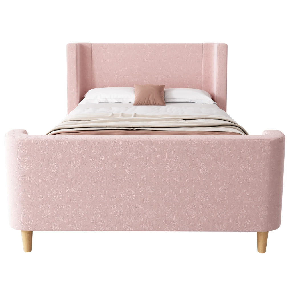 Letto per Bambini 90x200 cm - Letto a Divanetto in Velluto con Motivo Spaziale - Rosa