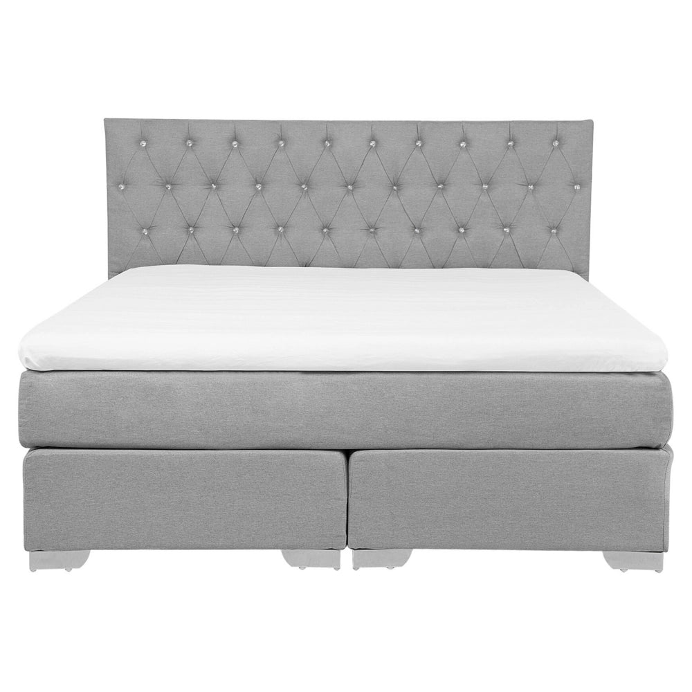Letto Grigio 160 x 200 cm Tessuto Imbottito Struttura Con Materasso E Bottoni Poggiatesta Trapuntati