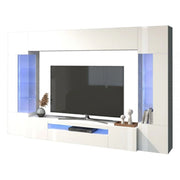 Parete attrezzata Arga, Set salotto porta TV a 6 ante, Mobile soggiorno multiuso con luce LED, 100% Made in Italy, cm 290x40h191, Bianco lucido