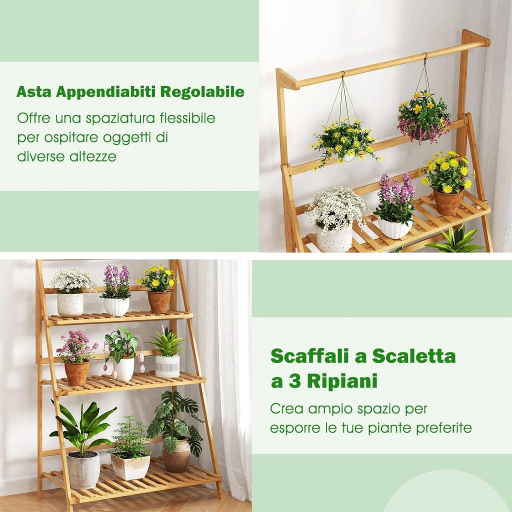 Porta Piante da Interno ed Esterno, Scaffale per Piante e Fiori a 3 Ripiani con Asta Rimovibile, Porta Vasi Pieghevole da Balcone, Giardino e Salotto, 71 x 40 x 144 cm