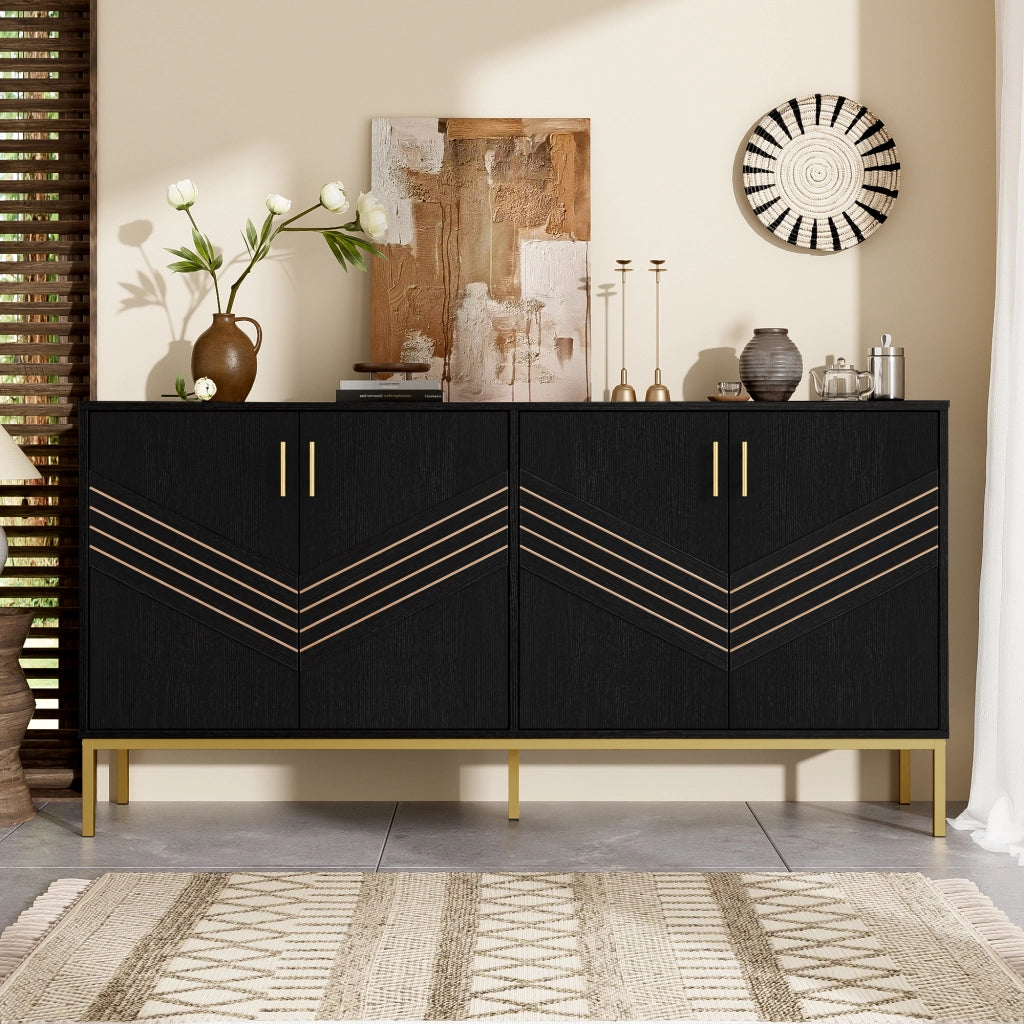 Credenza a quattro ante con ripiani regolabili in MDF nero per soggiorno, sala da pranzo e ingresso 160 × 40 × 80,5 cm