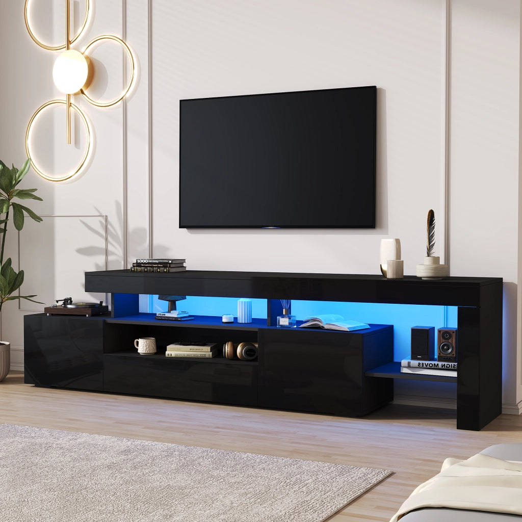 Mobile TV con 3 ante a ribalta; ripiani aperti e LED; per soggiorno; in truciolare nero; 192 × 37 × 53 cm