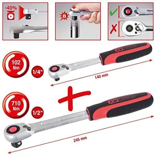 KS TOOLS 920.0002 Serie di Leve a Cricco Slimpower 2 Pezzi 1-4'' + 1-2'' Meccanismo 72 Denti Testa Sottile Sgancio Rapido Impugnatura Ergonomica Bi-componente colore Cromato