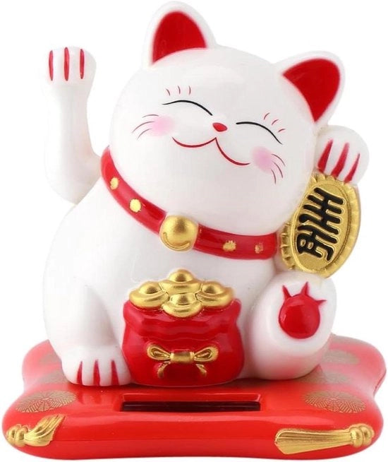 Ornamento per Desktop con Energia Solare Ricco Gatto Accogliente Gatto Saltellante Fortunato Gatto Decorativo per Auto (Bianco)