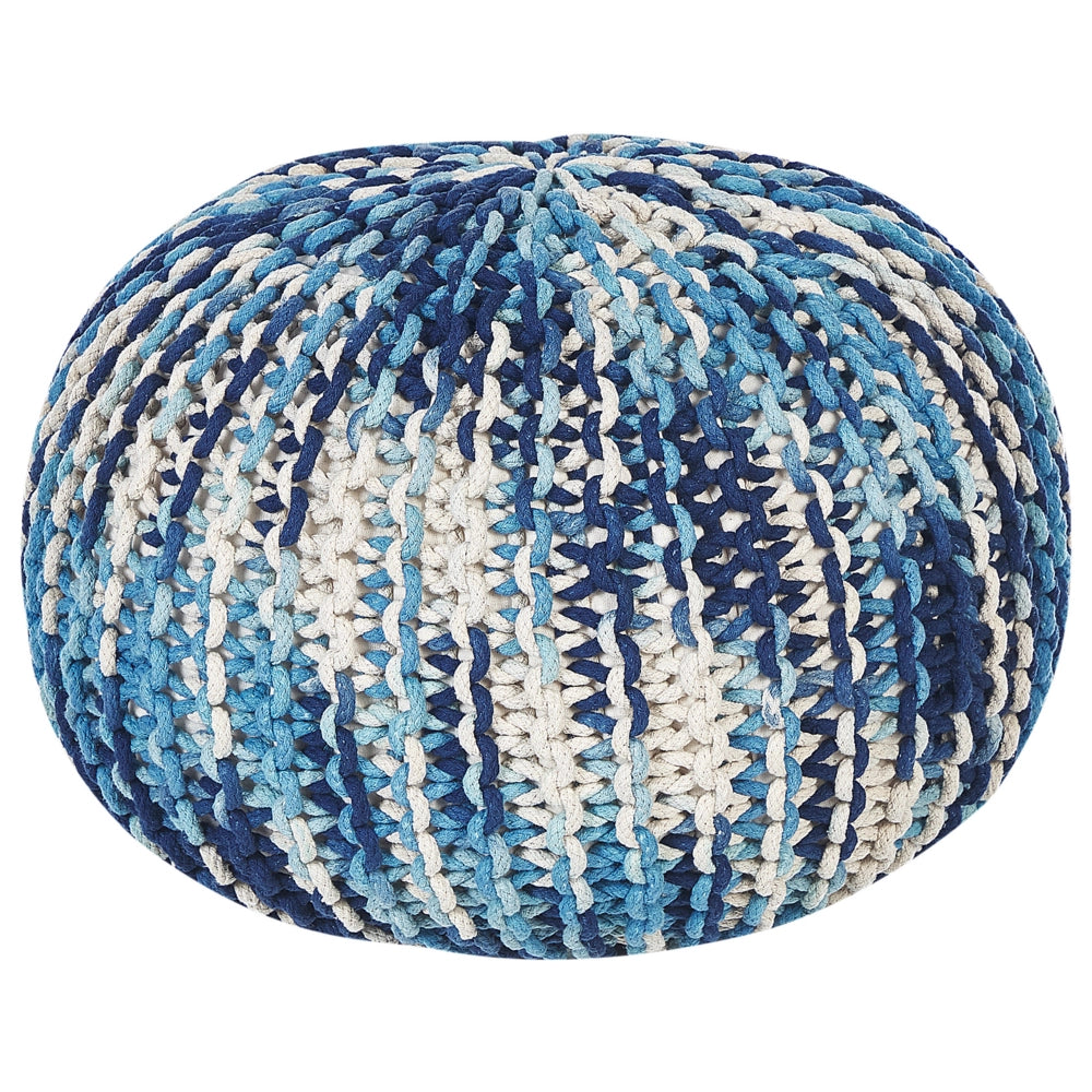 Pouf ottomana bianco e blu cotone lavorato a maglia perline EPS riempimento rotondo piccolo poggiapiedi 50 x 35 cm