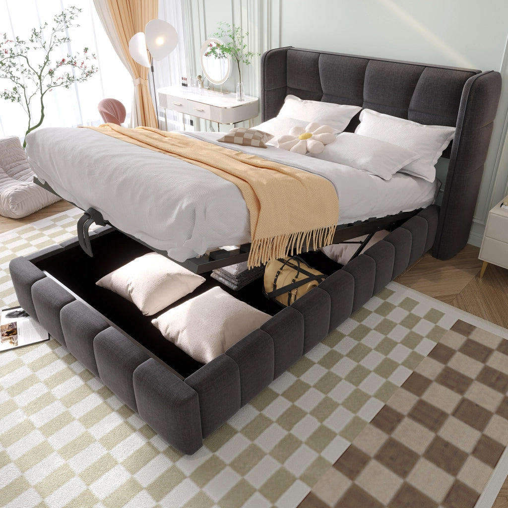 Letto per bambini 90 × 200 cm con contenitore a sollevamento, senza materasso, en tessuto, grigio