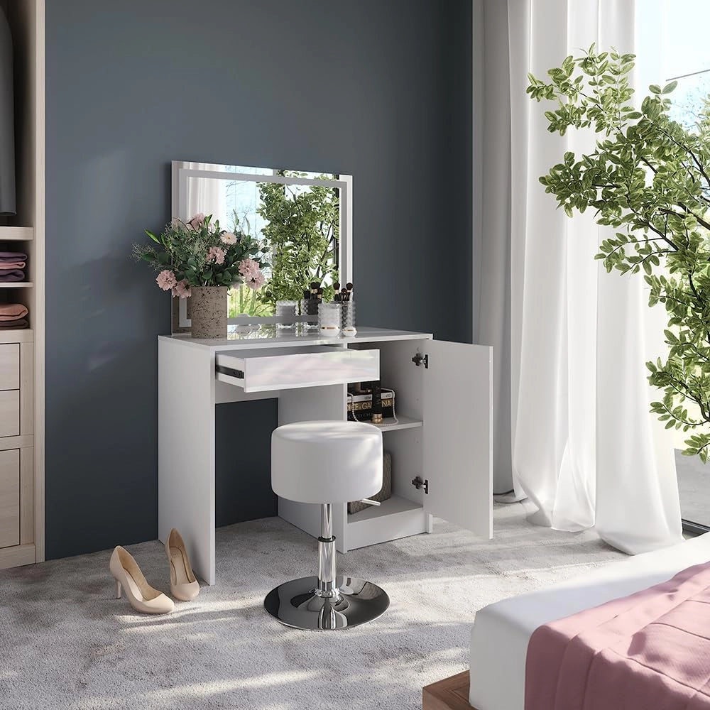 Tavolo da toeletta Sherry, Bianco/bianco lucido, 89.8 cm con specchio LED e sgabello, per l’uso quotidiano come postazione trucco e acconciatura