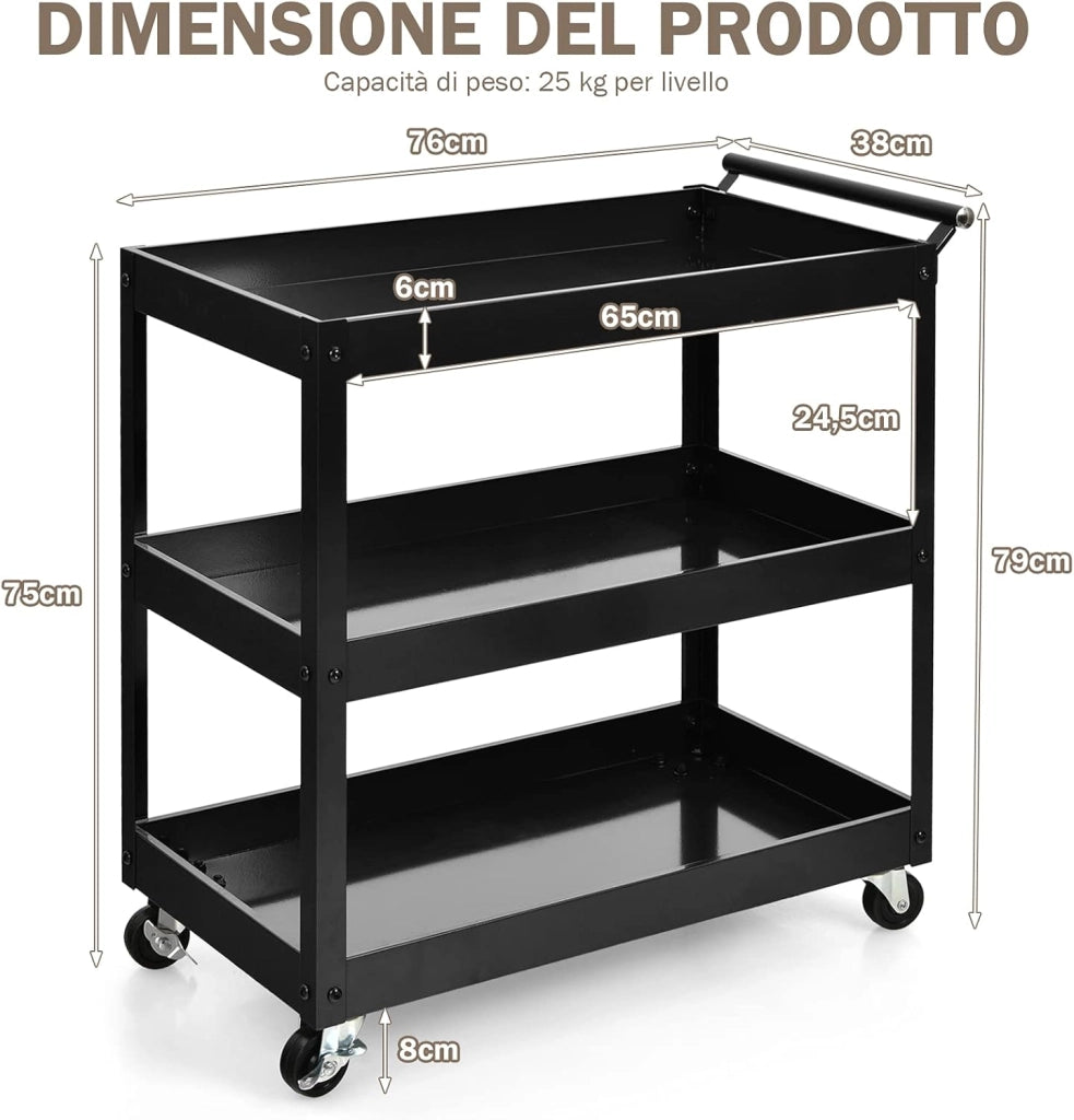 Carrello da Cucina con 3 Livelli, Carrellino Multifunzionale con Ruote Flessibili, Carrello di Servizio Resistente con Maniglia Comoda, Ideale per Ufficio Garage Magazzino Biblioteca (Nero)
