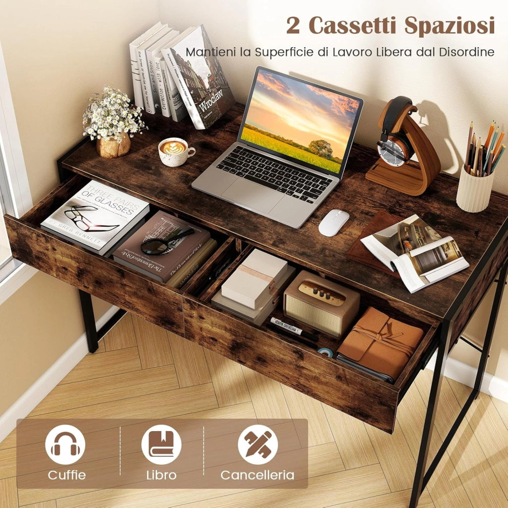 Scrivania con 2 Cassetti, Scrivania per Computer con Robusto Telaio in Metallo e Kit di Anti-ribaltamento, Postazione di Lavoro Multiuso per Camera da Letto, Ufficio e Casa