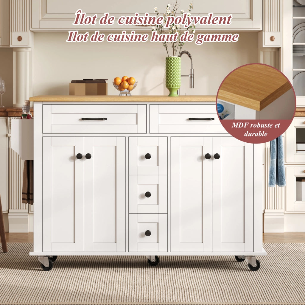 Carrello da Cucina con 5 Cassetti; 2 Ante; Ripiani Regolabili; Piano Ribaltabile e Ruote; in MDF; 140 x 40 x 89 cm