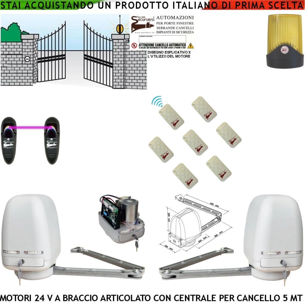 Kit 2 Motori a Braccio Articolato 24 V Cancello Automatico 2 Ante da 0,5 a 2,5 MT Centrale 220/24 V 7 Radiocomandi Faro Fotocellule