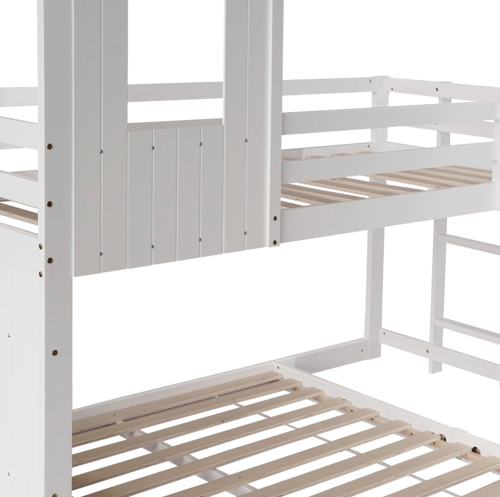 Letto a castello con scivolo 210x227x216 cm con tetto; finestra e scala a 3 gradini in legno e MDF bianco