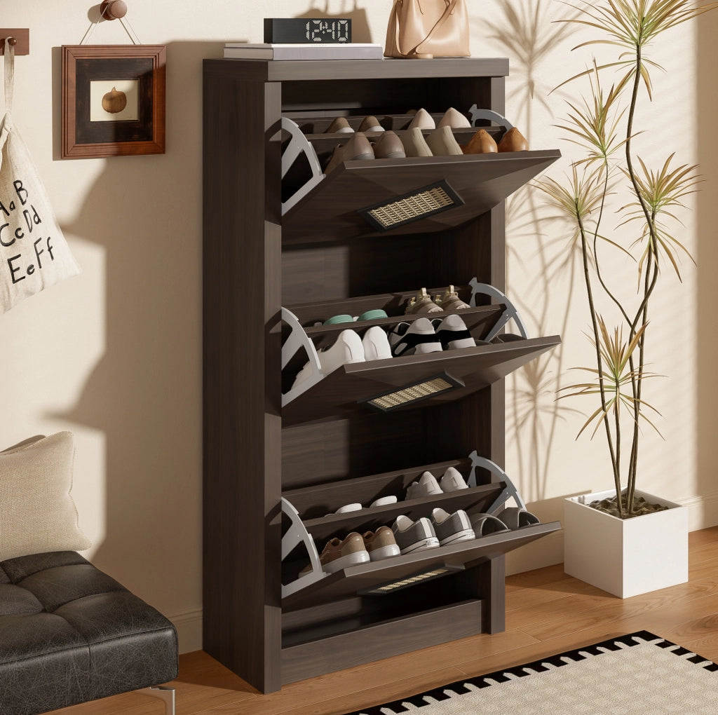 Scarpiera 54x25x115 cm con 3 ribalte e decorazione in rattan in pannello truciolare