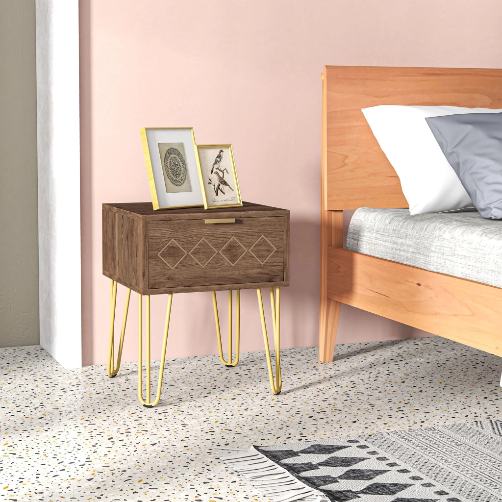 Comodini Set 2 Pezzi con Cassetto ¨C Zephmum ¨C Truciolato e Acciaio, Marrone e Oro, 39.5x41x49 cm