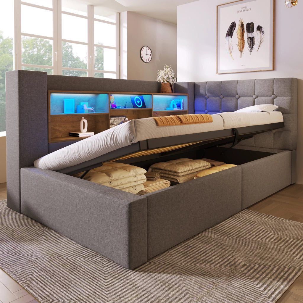 LETTO contenitore 90x200 cm in lino grigio con LED e materasso incluso