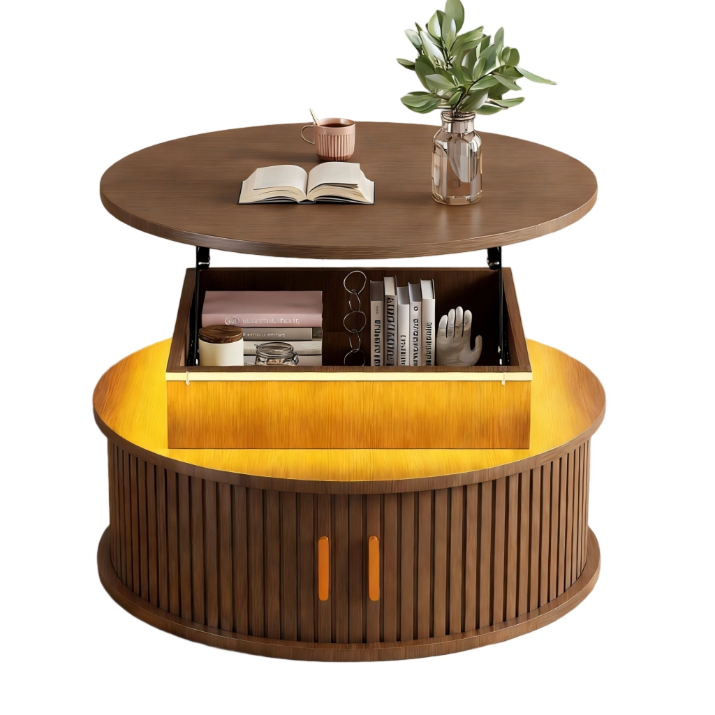 TAVOLO CENTRO rotondo 75 cm regolabile in altezza con LED, MDF color noce