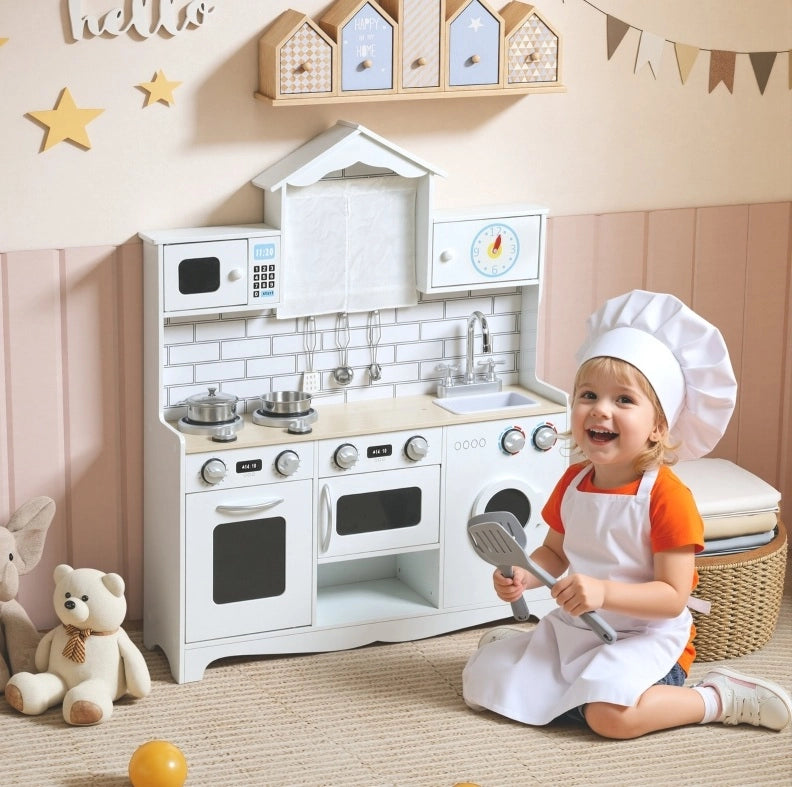 Cucina bambini 79,5x24x94 cm legno bianco con accessori, gioco educativo 3-6 anni –