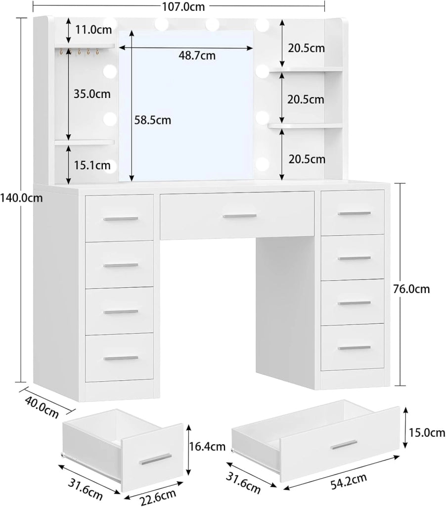 Toeletta Trucco con Luci,3 colori, luminosità regolabile, Grande Specchio, Postazione Trucco con 9 Cassetti, 4 Ripiani Aperti e 5 Ganci per Gioielli per la Camera da Letto, Bianco