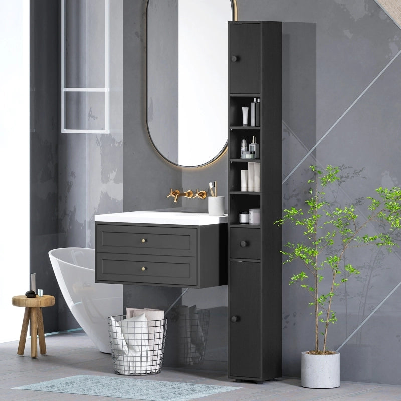 Mobile bagno stretto e alto 180 x 20 cm con cassetto, vani aperti e 2 ante, nero