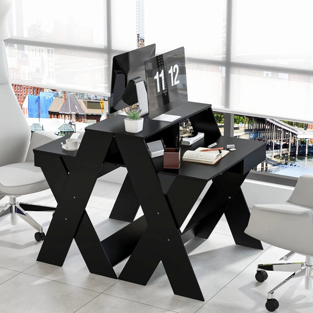 Scrivania per Computer in Legno, Scrivania con Cassetto, Portaoggetti e Supporto per Monitor, Poggiapiedi e Gambe a Forma di X, Ideale per Ufficio e Casa (Black)
