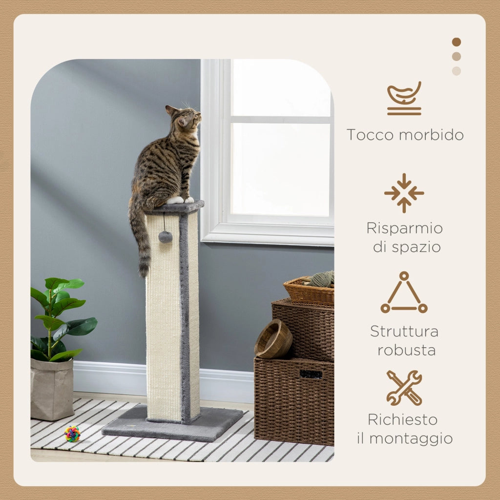 Tiragraffi per Gatti 41x41x81 cm Palo in Sisal e Pallina da Gioco Grigio