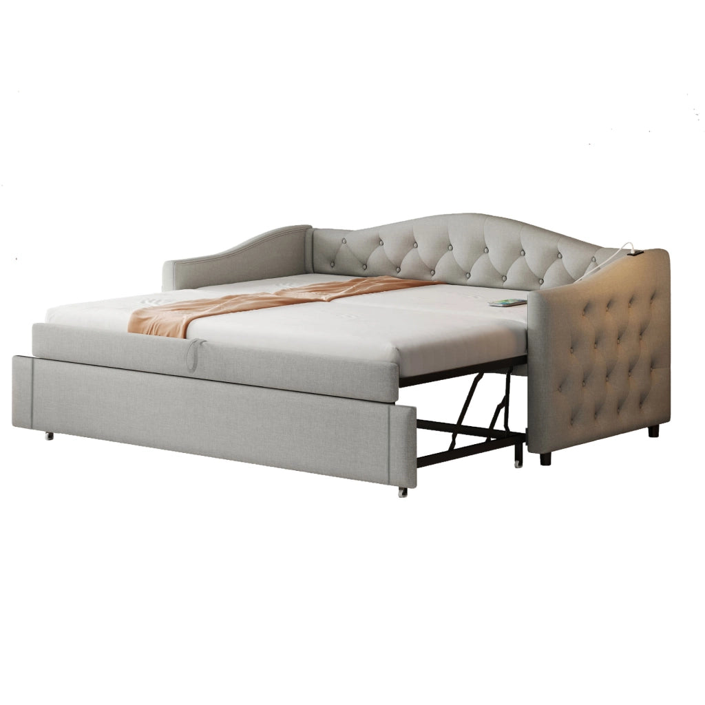 Letto divano 90 × 200 cm con porta USB, letto estraibile, senza materasso, in tessuto effetto lino, grigio