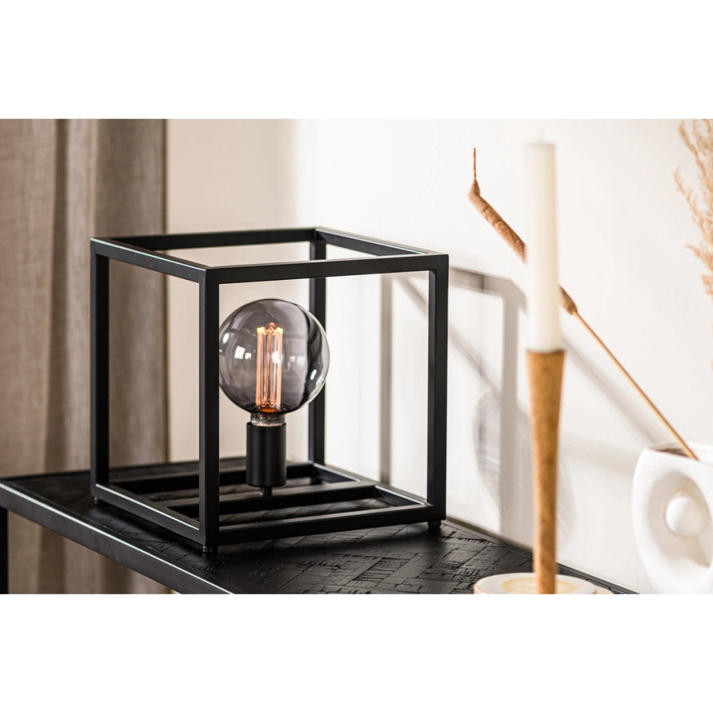 Lampada da tavolo T340 nera a cubo in metallo, 28 cm