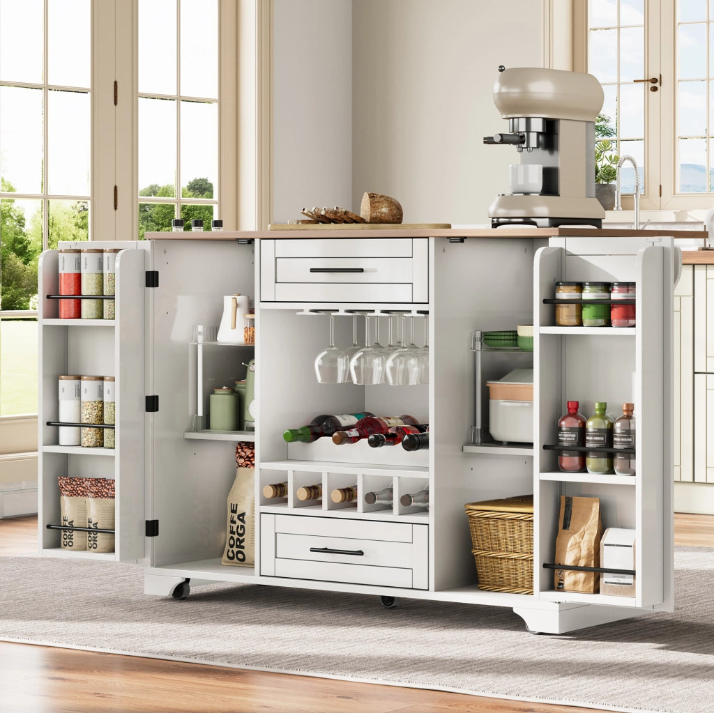Carrello cucina con piano estraibile 138x45/70x92 cm; bianco e naturale in MDF