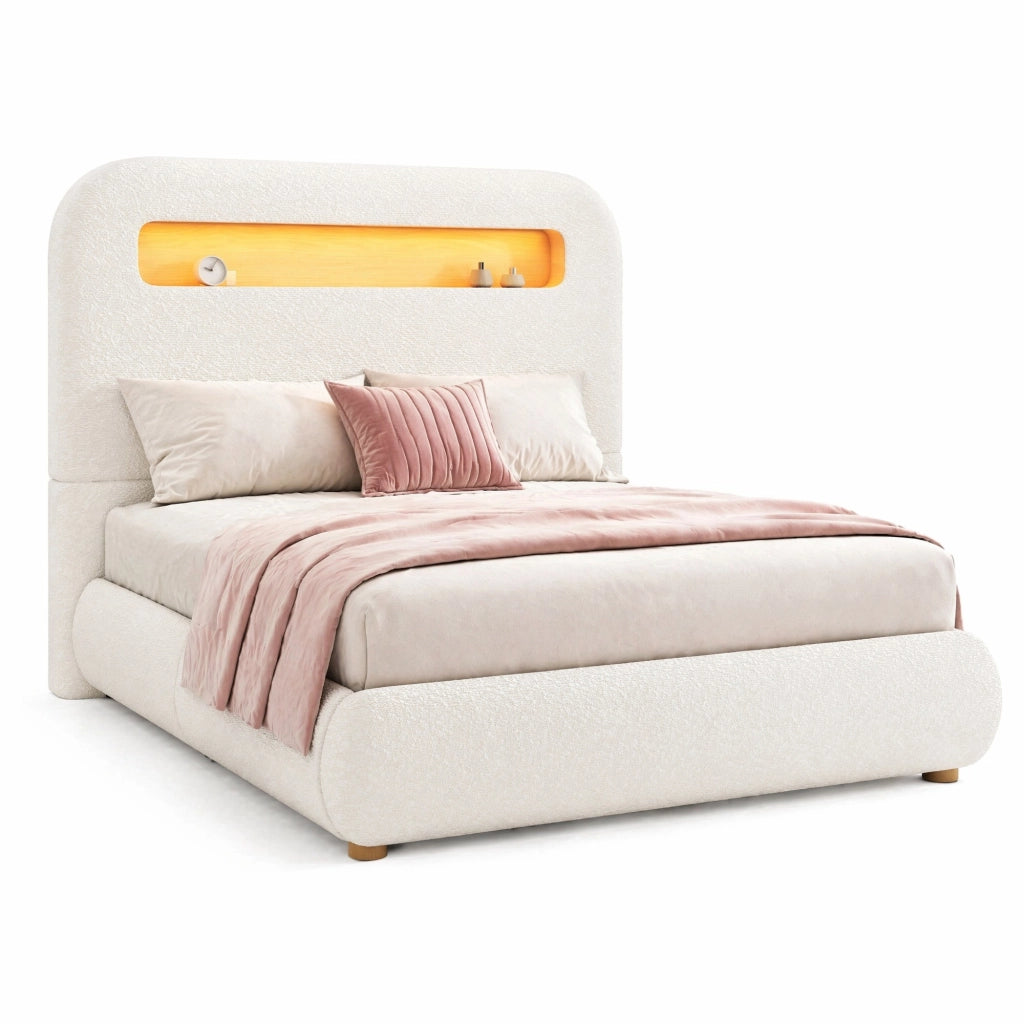 Letto singolo per bambini 90x200 cm con contenitore idraulico; LED; bouclé bianco