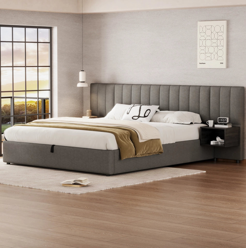 Letto matrimoniale 180x200 cm in lino grigio con contenitore idraulico; 2 comodini neri inclusi