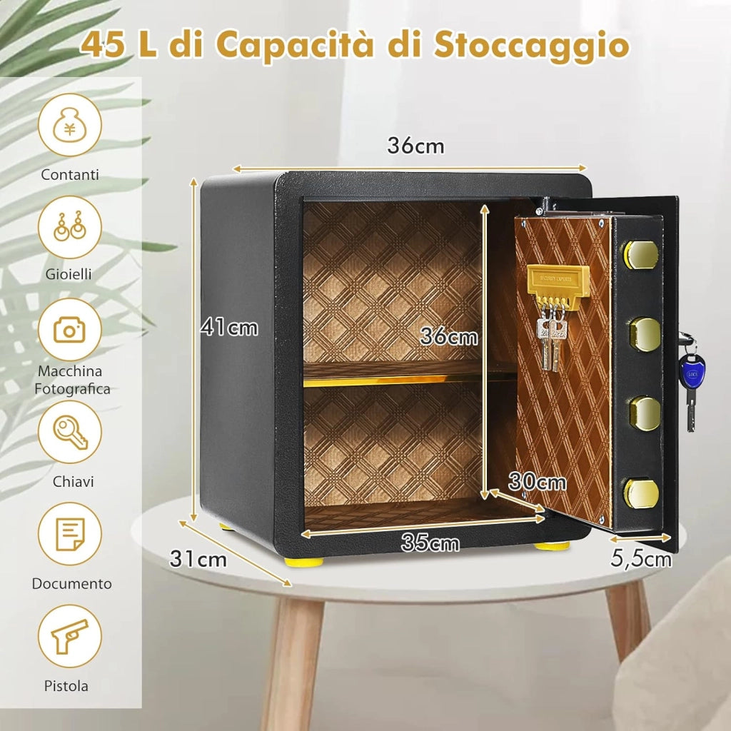 Cassaforte Elettronica, Cassetta di Sicurezza con Tastierino Numerico Digitale, con 2 Chiavi, 2 Chiavi di Emergenza, Ripiano Rimovibile e Sistema di Allarme, 36 x 31 x 41 cm