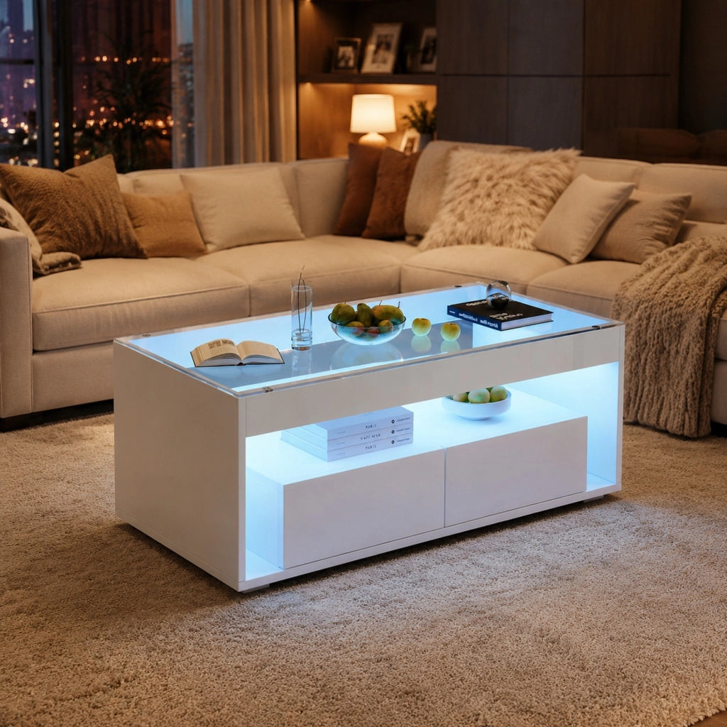 Tavolino da caffè LED bianco 100x50x40 cm con 2 cassetti