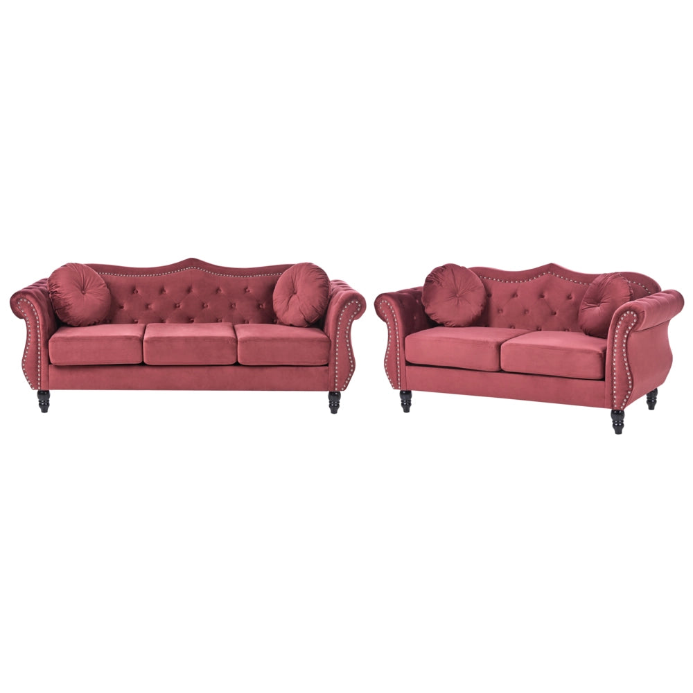 Set soggiorno Velluto rosso 2 posti 3 posti Bottoni con rifiniture a punta trapuntata Cuscini Braccia arrotolate Glam