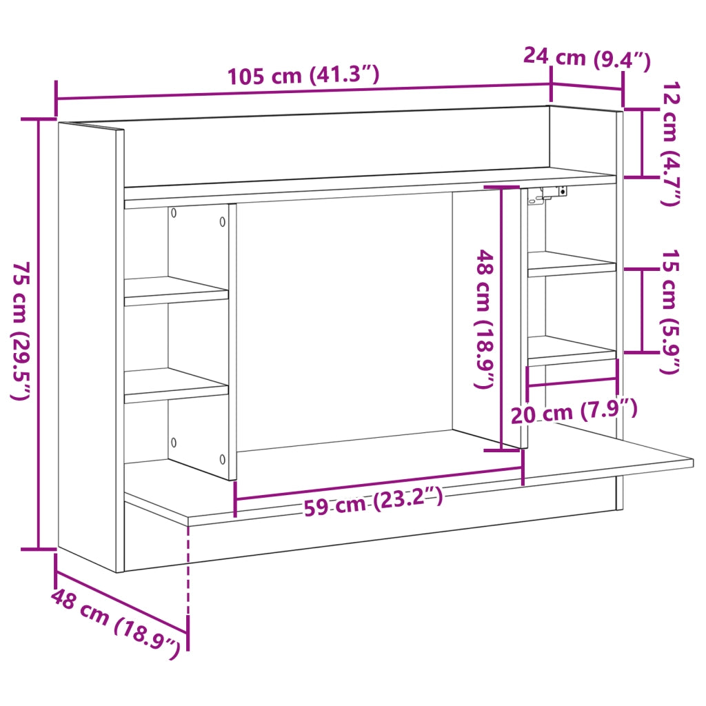 Scrivania a Parete Rovere Nero 105x48x75 cm Legno Ingegnerizzato