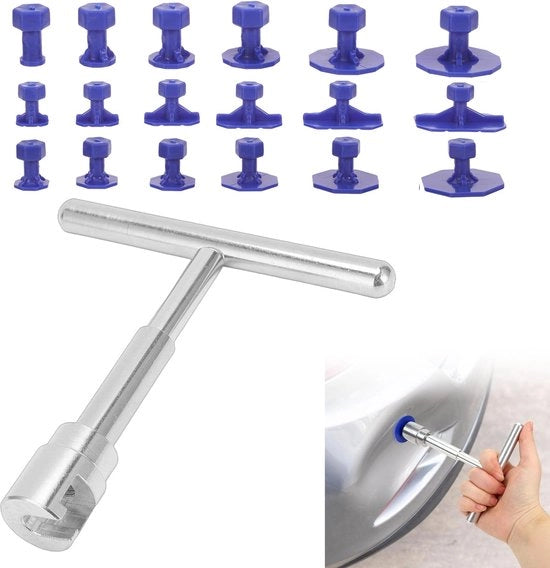 Kit di riparazione di denti ElevaPulse, strumento di rimozione di deforme auto, attacco T-bar per carrozzeria con 18 morsetti, strumento di riparazione di deforme auto senza spinta per uso DIY.