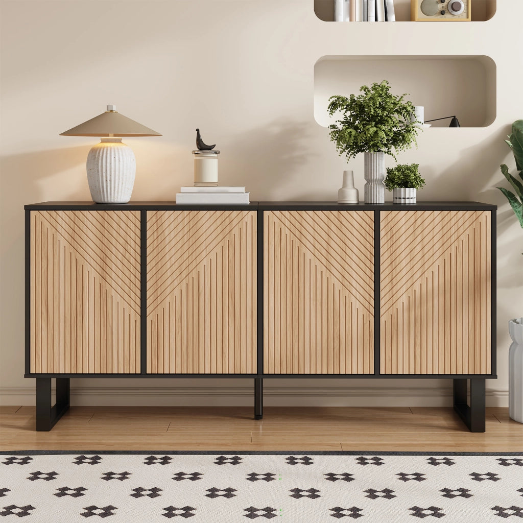 Mobile porta TV moderno con ante effetto legno e frontali a rilievo, nero e naturale 160 × 38 × 75 cm