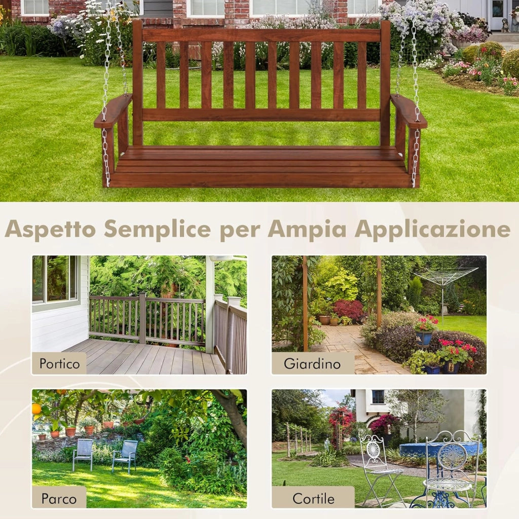 Altalena da Giardino in Legno per 2 Persone, Panchina Sospese in Legno con Capacità di Peso di 230 kg, Sedia a Dondolo per Giardino, Cortile (136 x 67 x 63 cm, Marrone)
