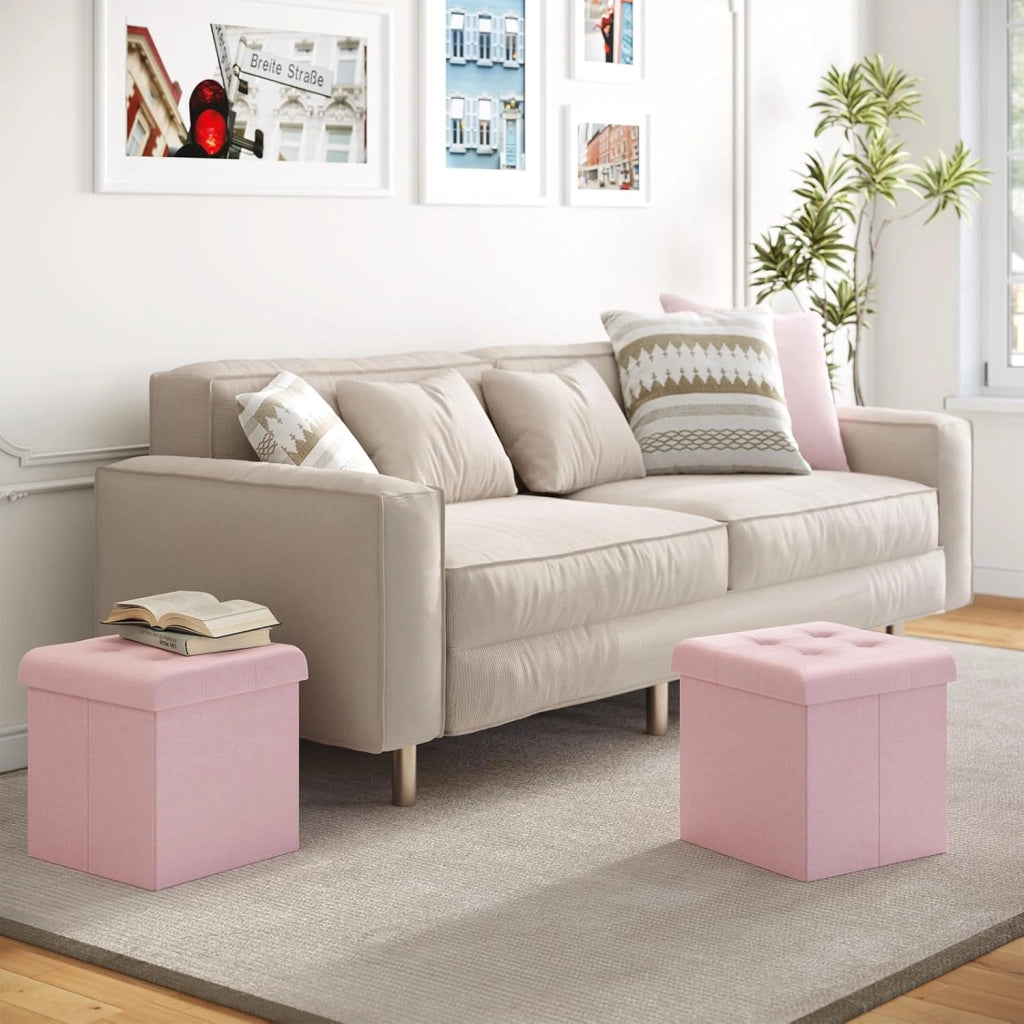 Set di 2 Panchetta con Contenitore, Pouf con Cassapanca, Scatola di Ripiano con Coperchio, Pieghevole, 43L, 37,5x38 x37,5cm, Resistenza fino a 300 kg, Tessuto Lino MDF, Rosa