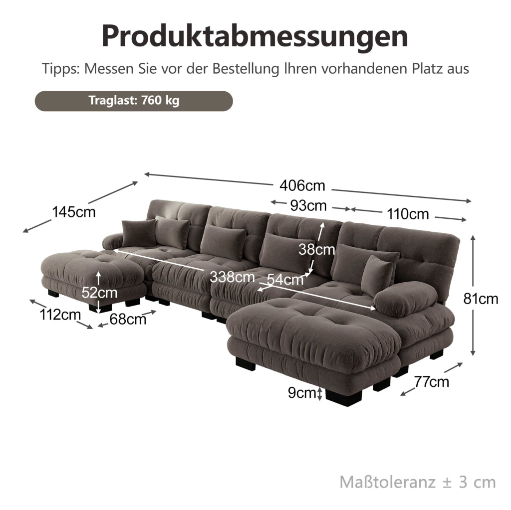 Divano modulare angolare a U 4 posti in chenille vintage marrone con pouf mobile