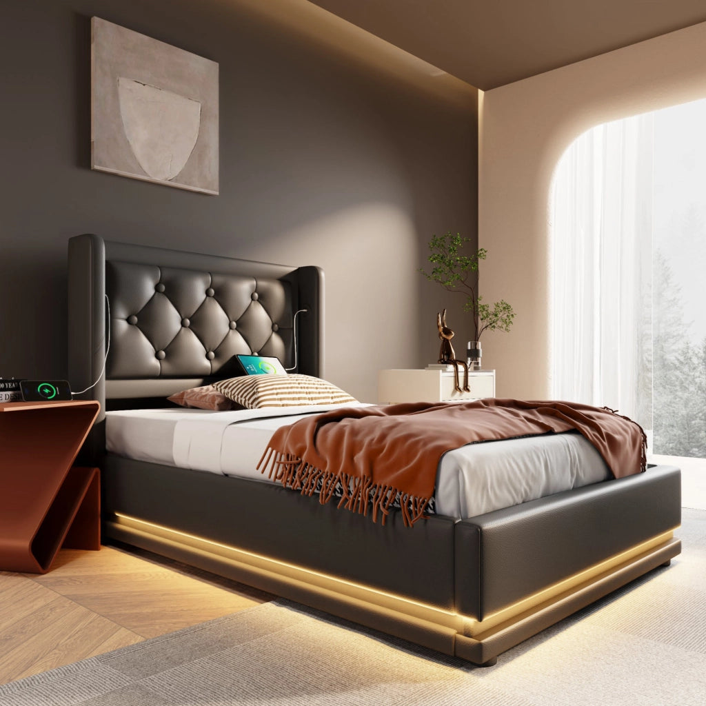 Letto imbottito singolo 90x200 cm con contenitore, LED e porte USB/USB-C