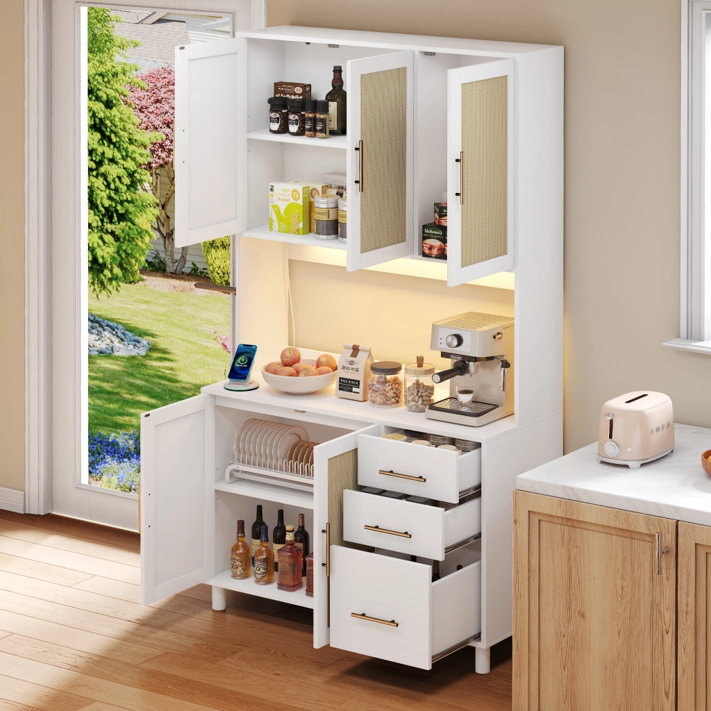 OKWISH Credenza da cucina con 3 cassetti, 3 ante, ripiani regolabili, LED, prese e USB, per Cucina e Sala da Pranzo