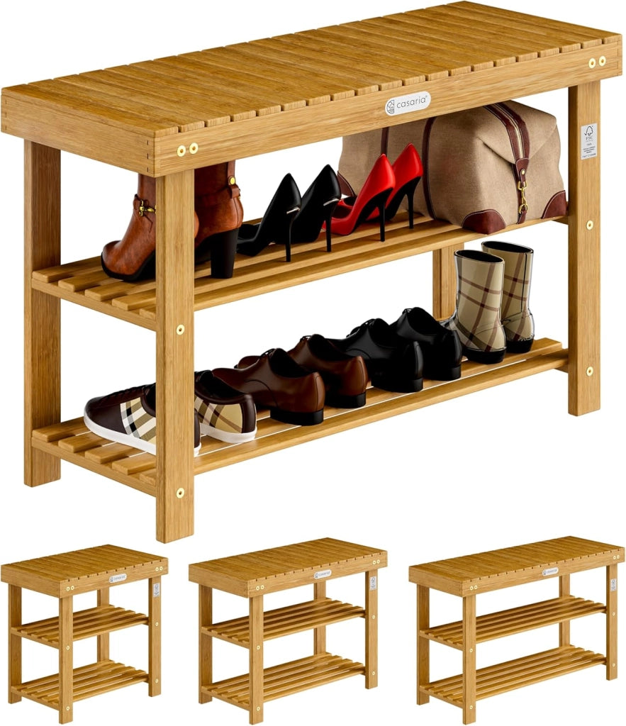 ® Scarpiera con Seduta in Legno Capacità 160 kg Certificata FSC® Acacia 3 livelli Panca Bagno Corridoio Marrone
