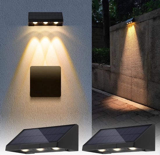 Impianto di illuminazione solare per esterni, set di 2 lampade a LED per schermi, illuminazione esterna solare, impermeabile, bianco caldo, adatta per verande, terrazze e balconi.