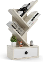 Libreria ad Albero a 5 Ripiani per Scrivania, Libreria Mini da Esposizione con Cassetto, Scaffale per Libri, 30 x 17,5 x 60 cm (Beige)
